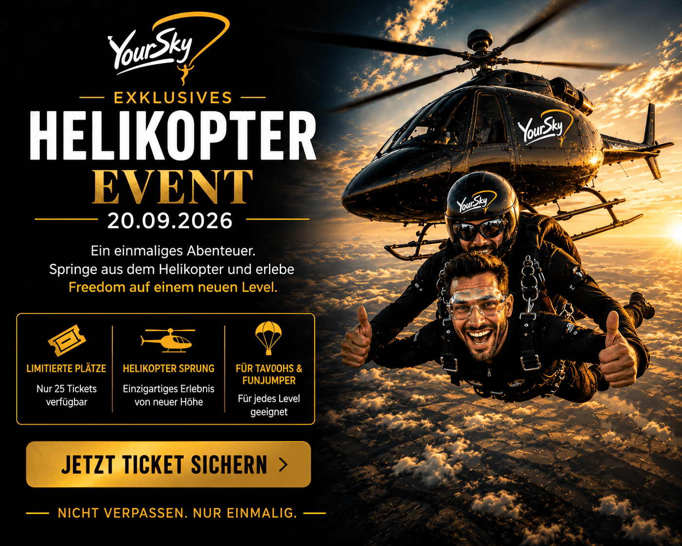 Werbebanner für ein Helikopter-Sprung-Event am 20.09.2026 mit Ticket-Call-to-Action